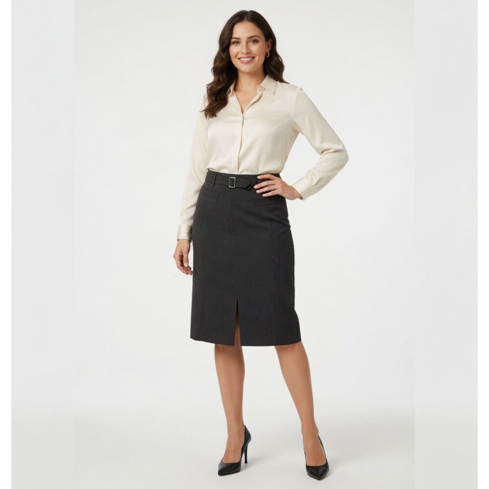 Express Gray Buckle High Waisted Pencil Skirt Womens Size 4 Small Knee Length